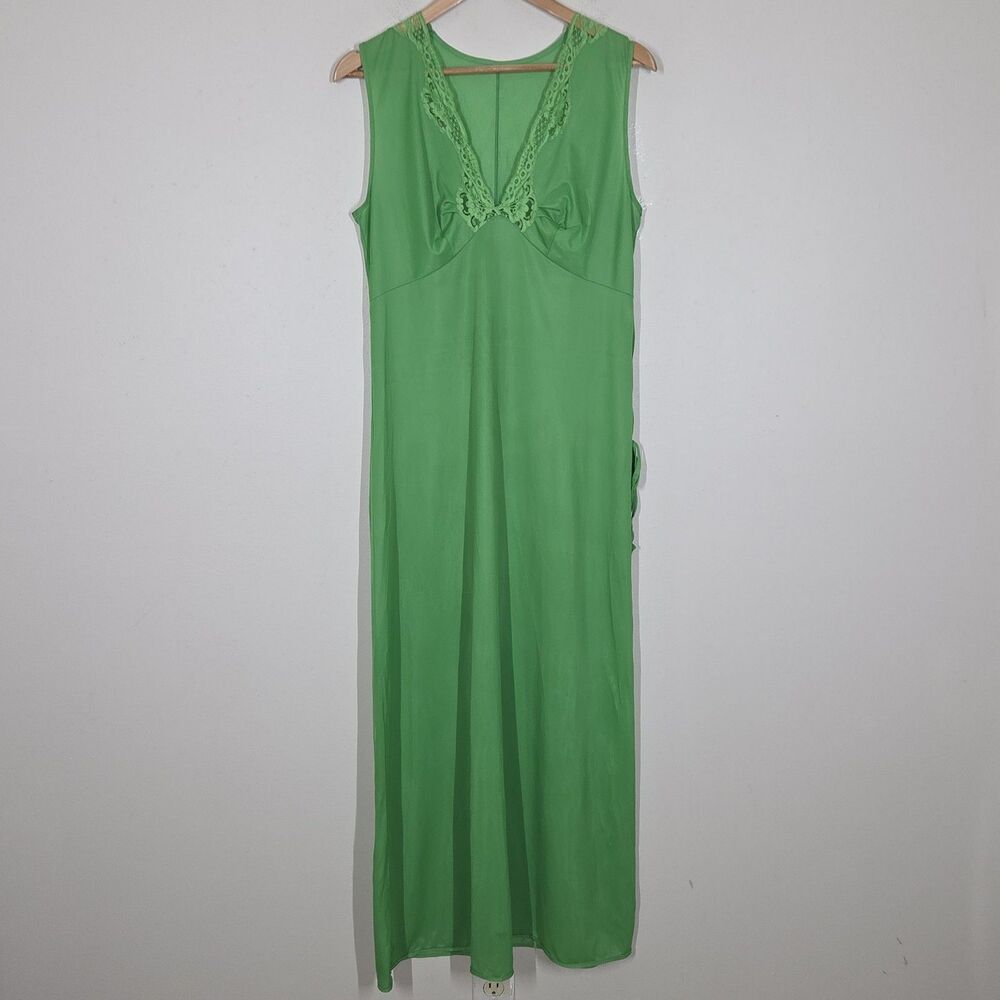 Vtg 70s Green Maxi Slip Dress Lace Trim 40 Retro Glam Grunge Fairy Boho Festival